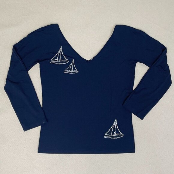 Blumarine Jea Navy Blue V-Neck Top Sailboat Design Size Small Stylish Casual - Picture 1 of 12
